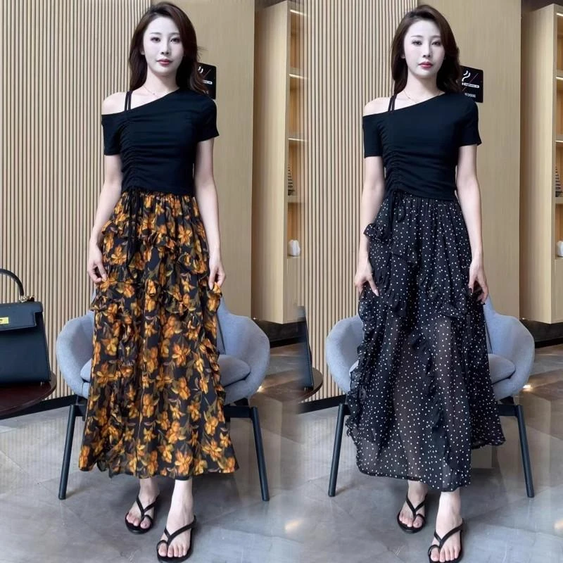 时尚套装女2025夏季新款时髦洋气露肩短袖T恤碎花半身裙两件套裙