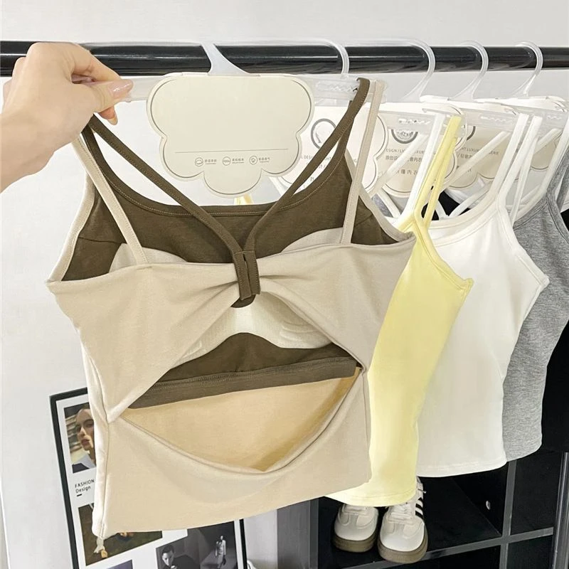 蝴蝶结美背多巴胺撞色辣妹风假两件吊带背心夏季带胸垫外穿上衣Y