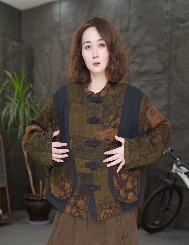 【盘扣印花开衫】秋季新款单排扣中式复古印花长袖开衫短外套女士QQ