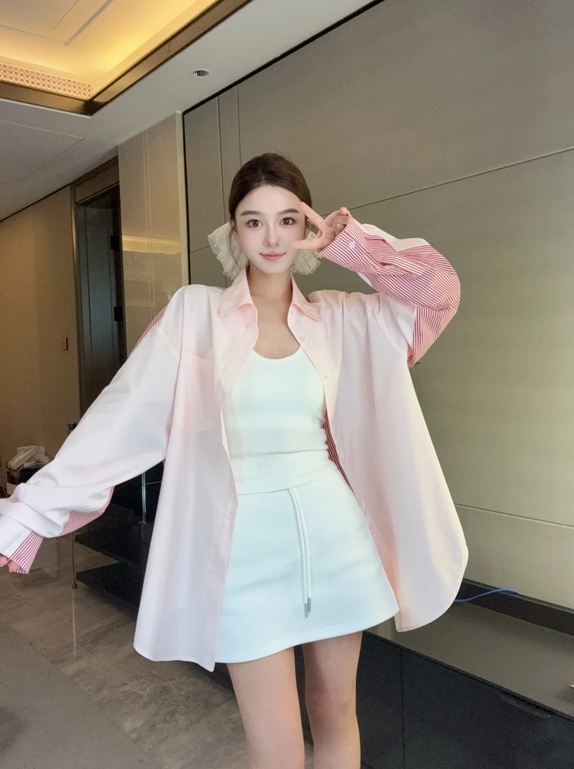 ANDEARDI条纹拼接长袖衬衫透气外套女休闲宽松百搭上衣