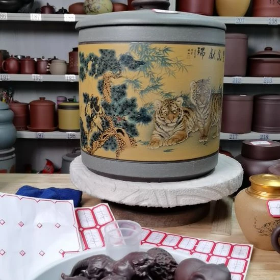 紫砂茶叶罐正品八饼装茶叶罐老虎图9690