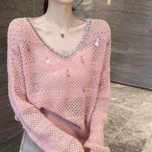 2025开春秋季新款氛围感女潮镂空钉珠亮片设计感宽松毛衣多巴胺
