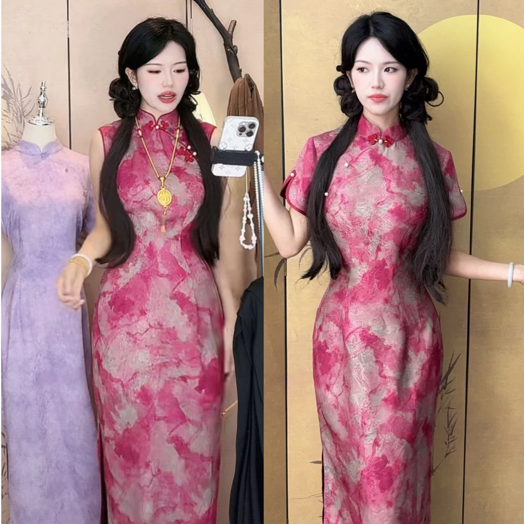 LHMknk1画报夫人原创自制国风萝孔改良新中式显瘦旗袍 晕染夕阳