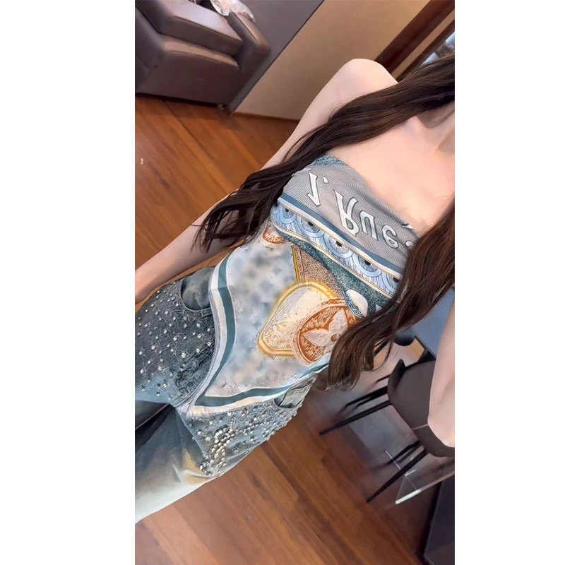 高颜值抹胸2025夏季新款高级感印花辣妹风围巾重工镶钻牛仔裤套装