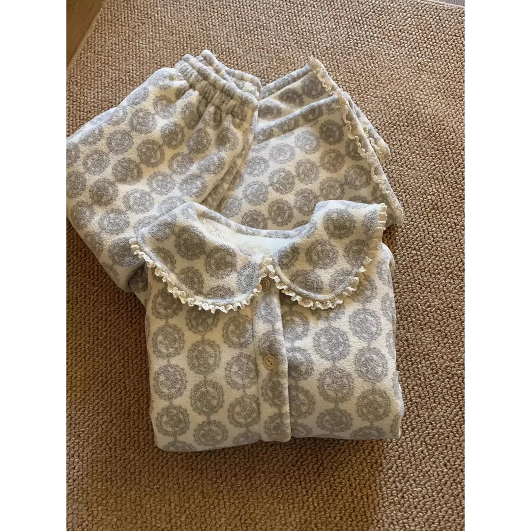 甜美印花珊瑚绒睡衣女冬季2025新款加绒加厚大码家居服套装可外穿