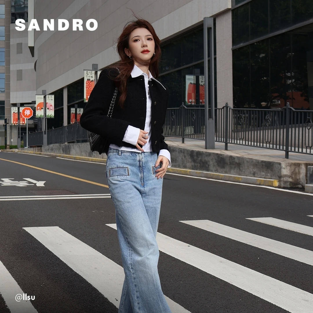 博主同款|SANDRO女装时尚阔腿直筒牛仔裤SFPJE00467