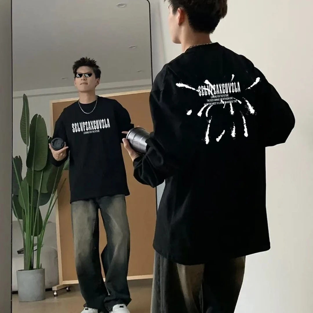 重磅纯棉螺纹袖口长袖T恤男春秋季薄款打底衫宽松印花圆领上衣