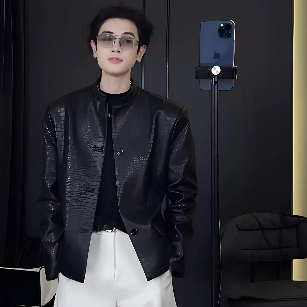 春季新款潮流男士高级感定制新中式时尚舒适软皮立领皮衣