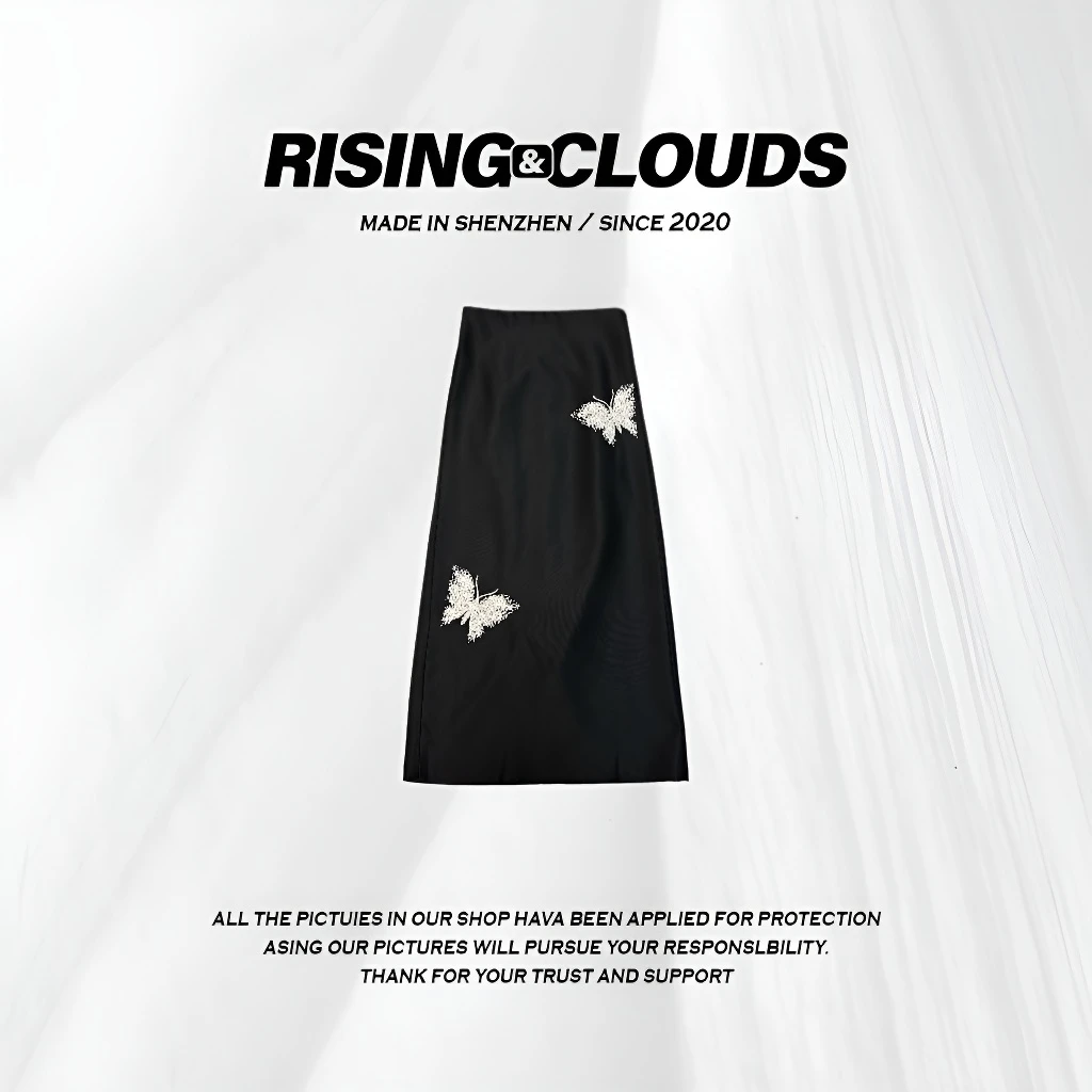 RISING&CLOUDS【小云姐】春夏黑色a字半身裙蝴蝶亮片绣花包裙010275