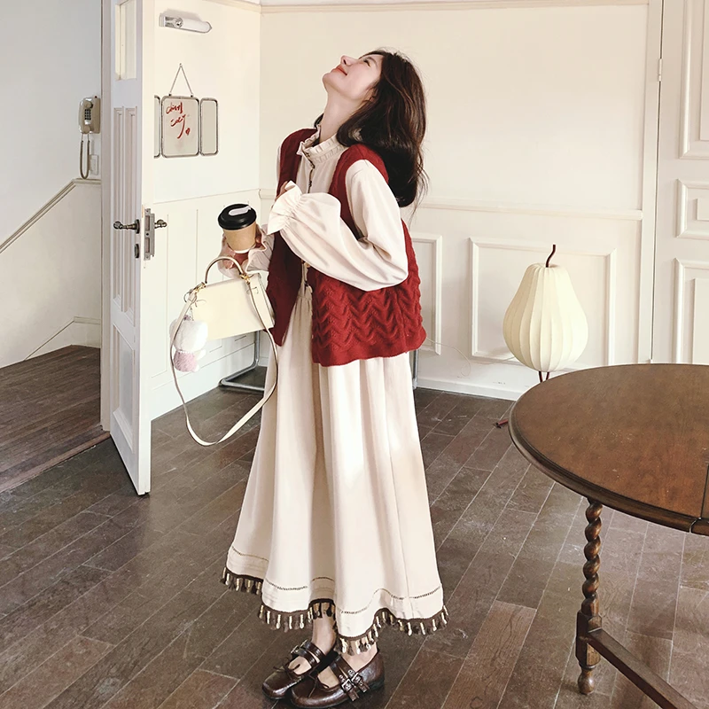 法式复古设计感流苏连衣裙套装女2025年春季新款波浪纹开衫两件套