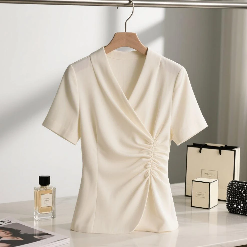 今年夏季时尚洋气收腰上衣女超好看收腰捏褶正肩短袖百搭休闲T恤