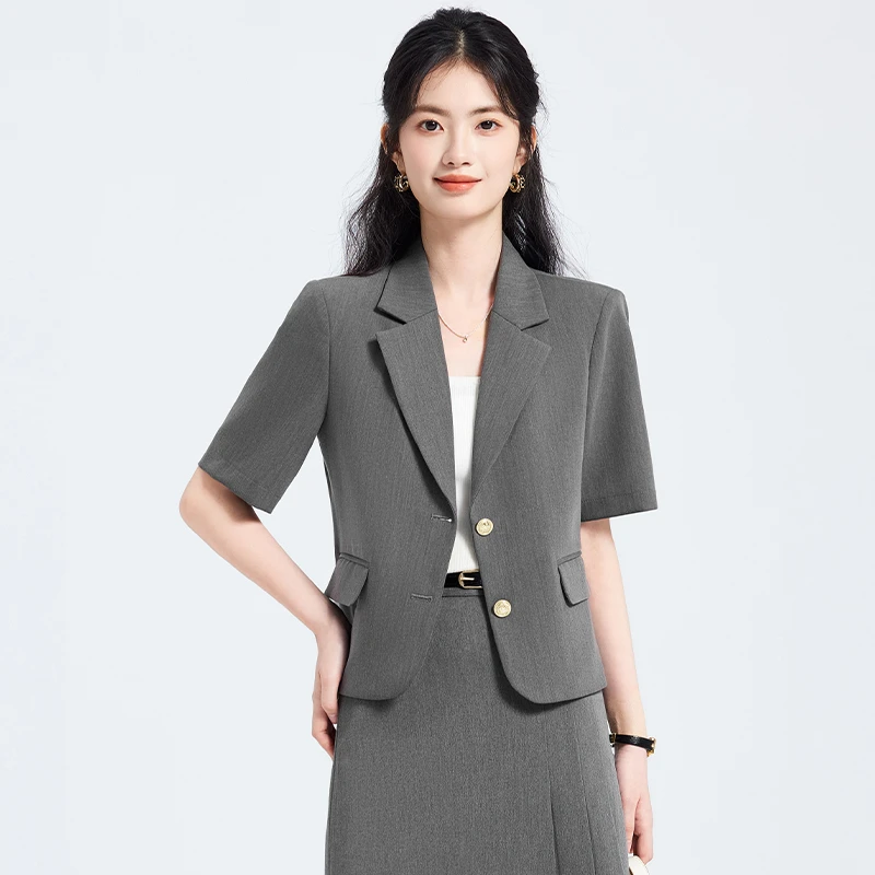 灰色西装套装女2025新款夏季薄款短袖大学生面试职业正装西服外套