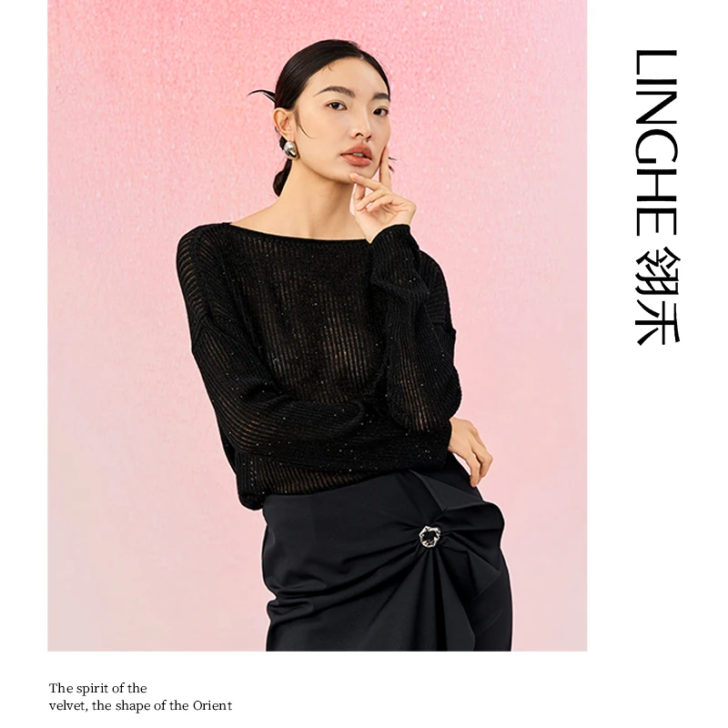 翎禾LINGHE-「星光杳杳」长袖微一字领套头衫羊毛时尚性感宽松镂空