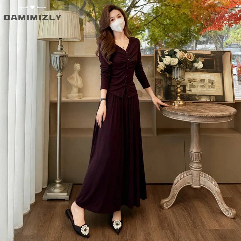 欧货休闲运动套装裙女春新款高级感褶皱收腰V领上衣中长裙两件套