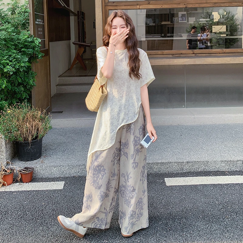 夏季ootd穿搭一整套女2025新款设计感不规则罩衫吊带阔腿裤三件套