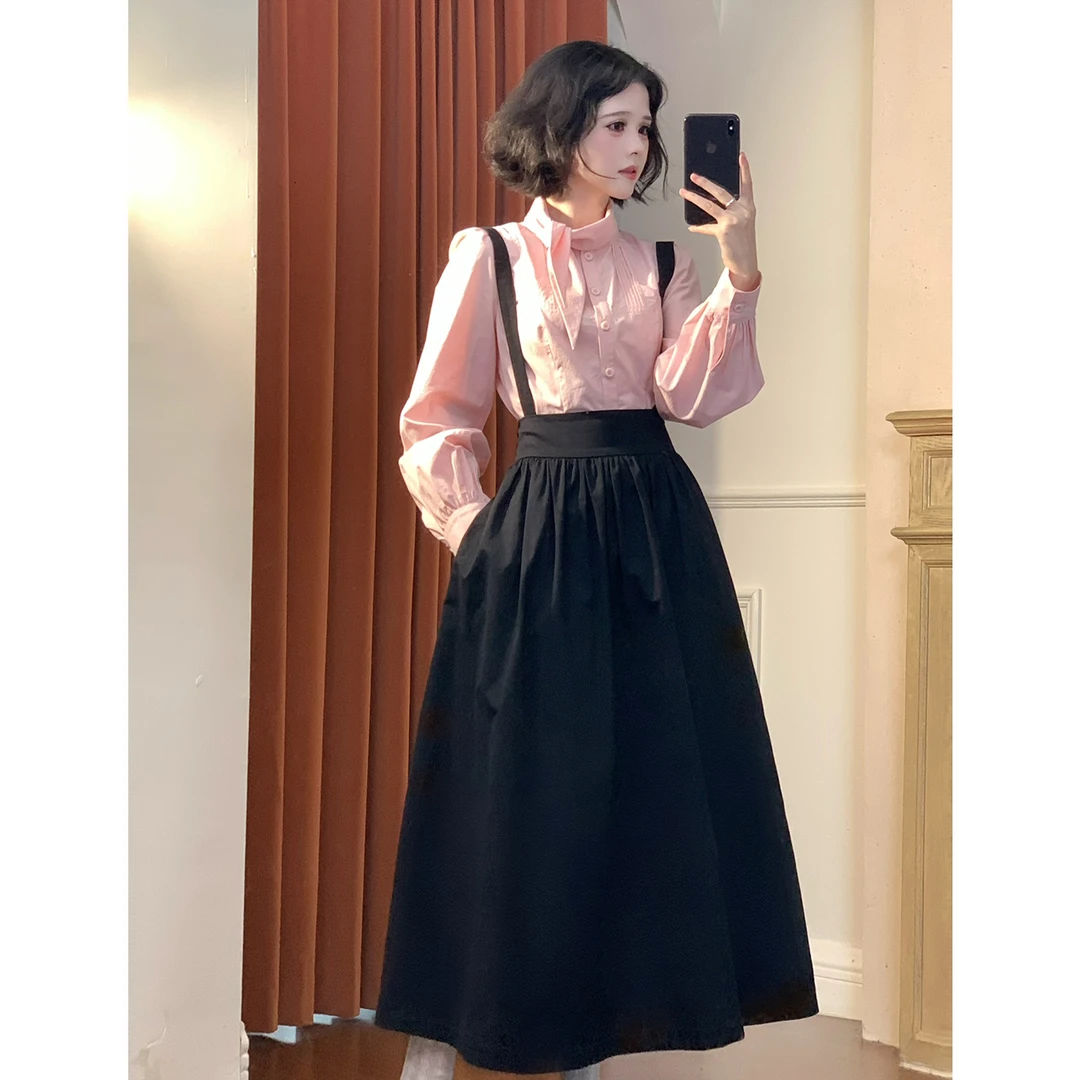 复古可拆卸背带裙女秋冬高腰显瘦中长款A字裙黑色大摆半身裙Y2544