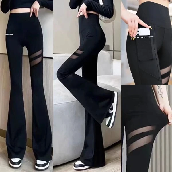 网纱口袋鲨鱼裤喇叭裤2025春薄款外穿收腹提臀显瘦瑜伽微喇芭比裤