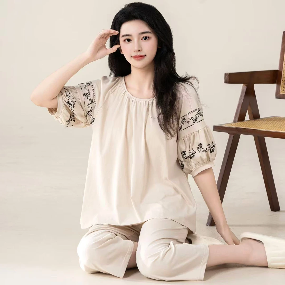 春夏季新款休闲慵懒风带胸垫半袖睡衣女薄款印花套装可外穿家居服