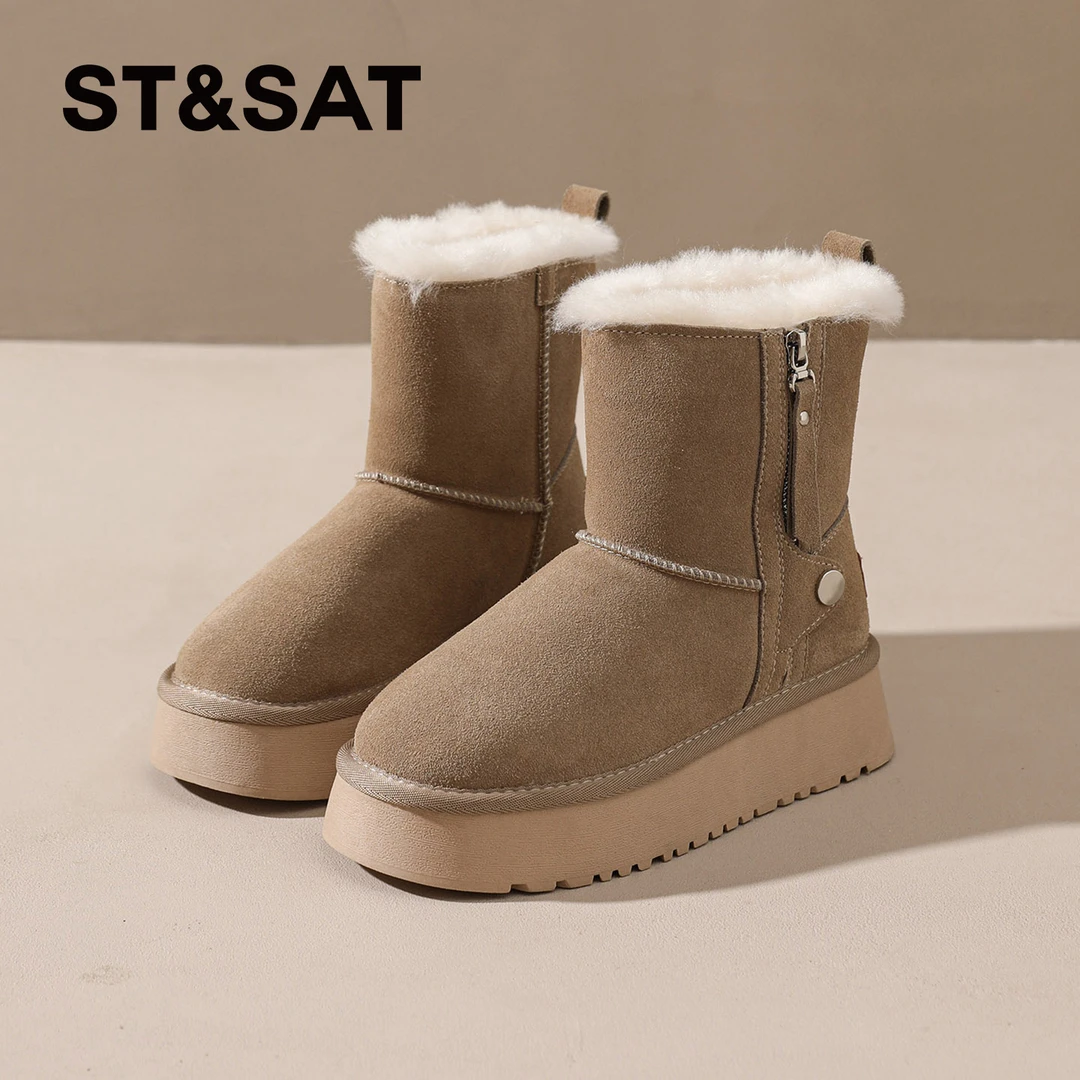 星期六侧拉链棉靴女士2025新款保暖加绒雪地靴复古中筒冬季加绒鞋