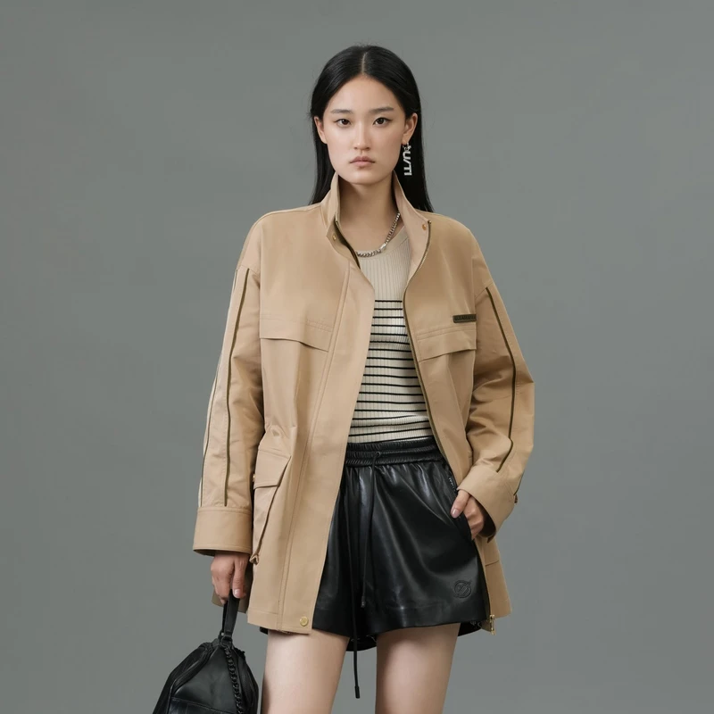 uti卡其色工装风立领风衣女 百搭抽绳运动风外套春季新款