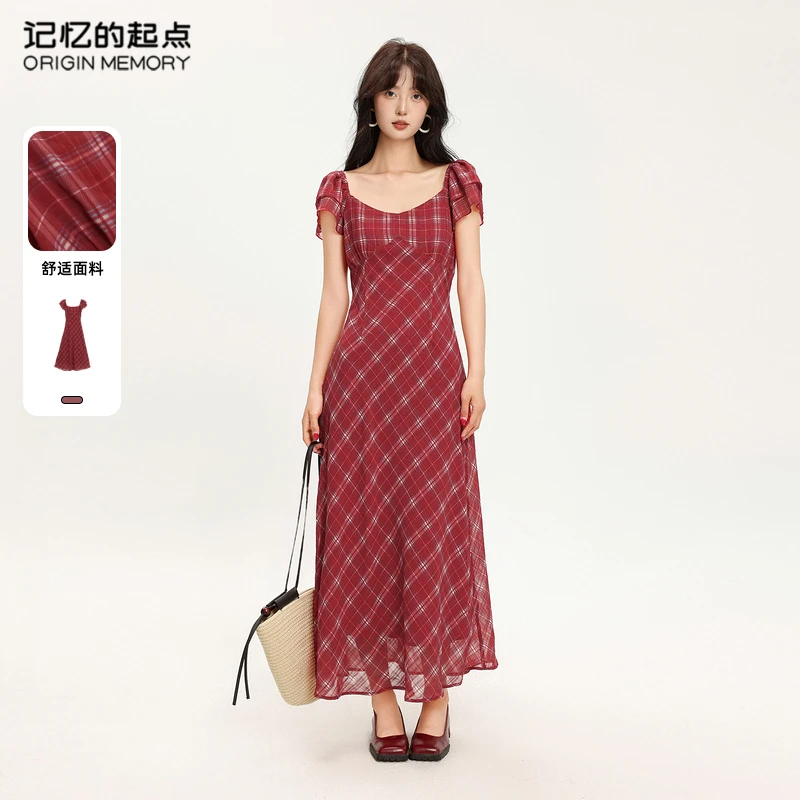 记忆的起点小飞袖连衣裙女2025夏季新款红色格纹长裙子69AX85807