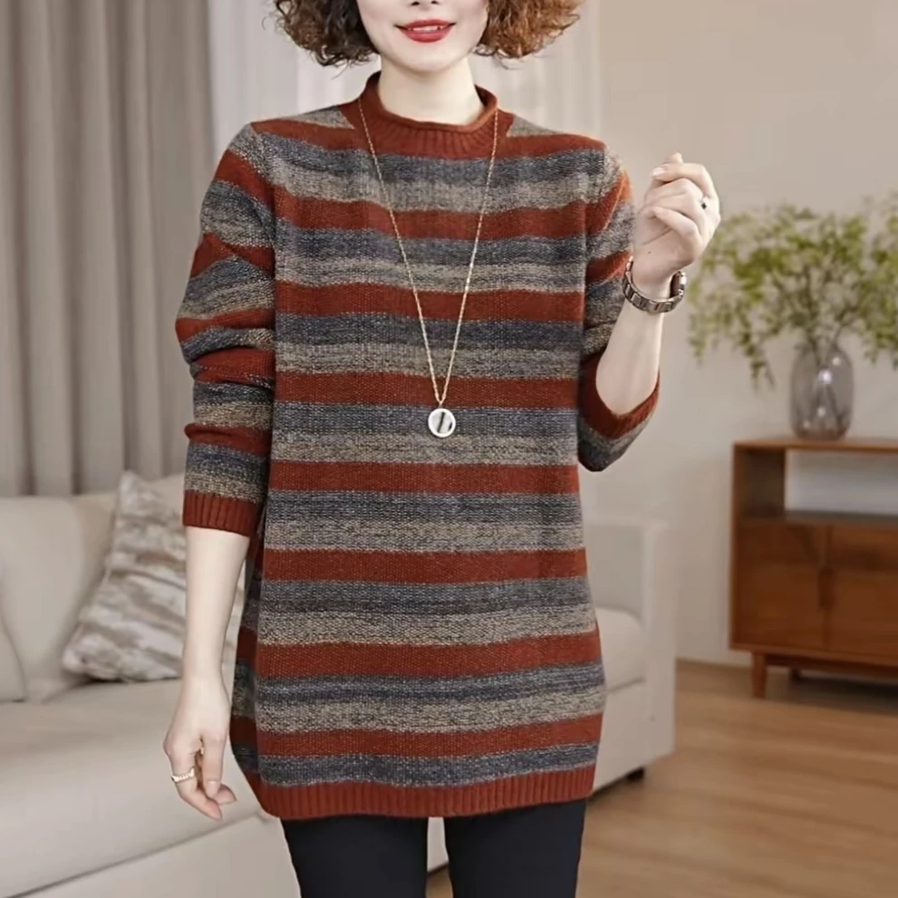 减龄气质休闲新款条纹设计针织毛衣大码显瘦宽松冬季中老年妈妈装