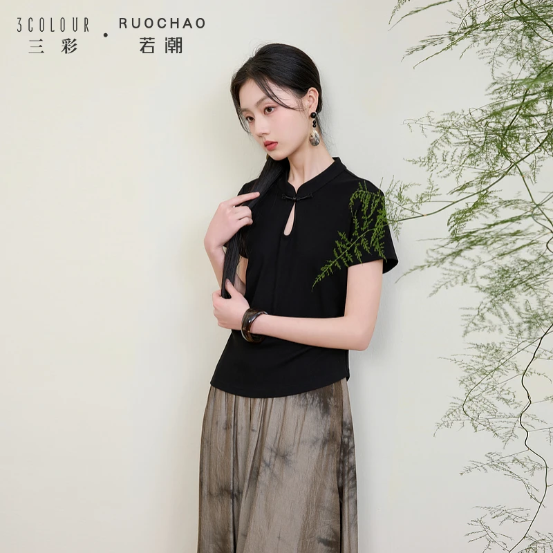 大码女装2025夏新款新中式立领T恤盘扣短袖套头气质胖MM