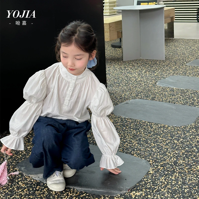YOJIA女童衬衫2025春季新款韩版童装儿童白衬衣女孩法式长袖上衣