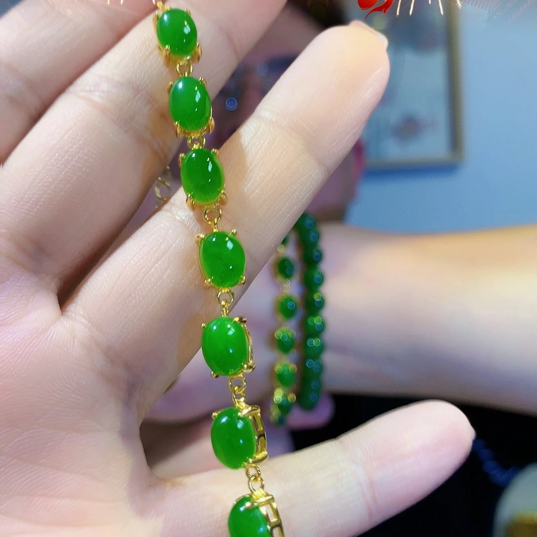 和田玉（碧玉）手链银S925镀金镶嵌