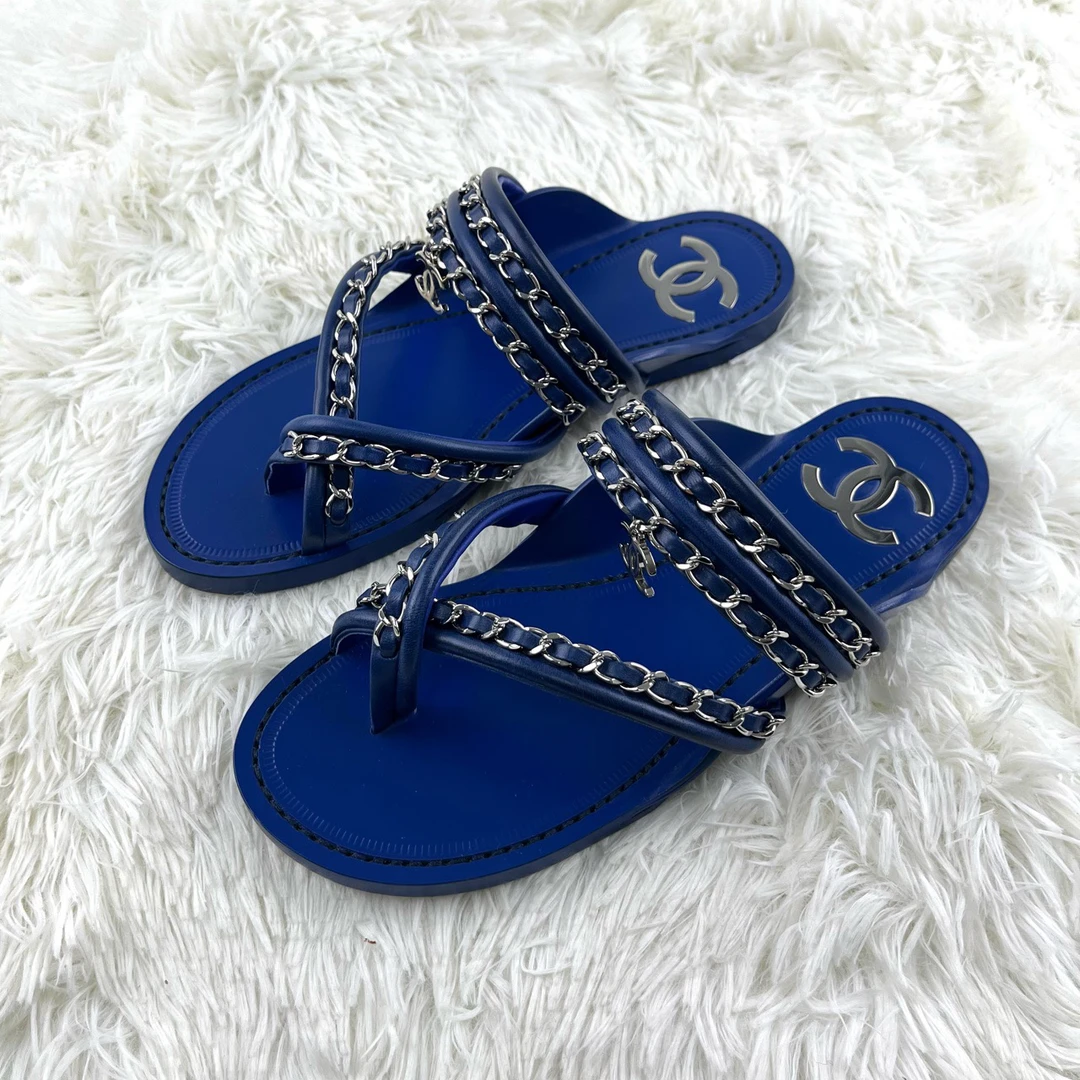 未使用 Chanel/香奈儿 全皮蓝色链条人字拖35码原盒13717503