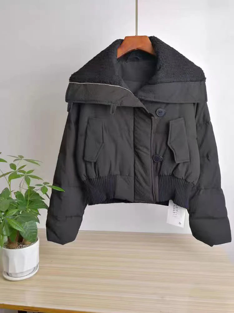 女装短款秋冬女黑色短外套拼接加厚方领