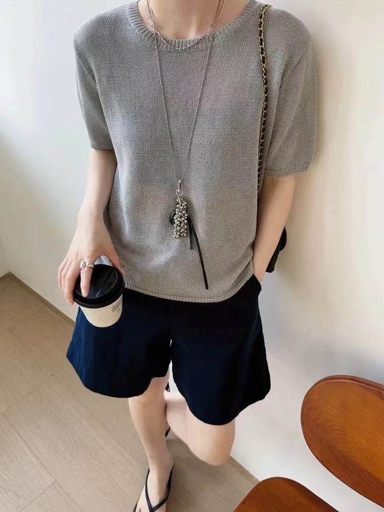 【进口和纸纱】夏季新款女士针织圆领短袖凉爽简约法式百搭显瘦上衣