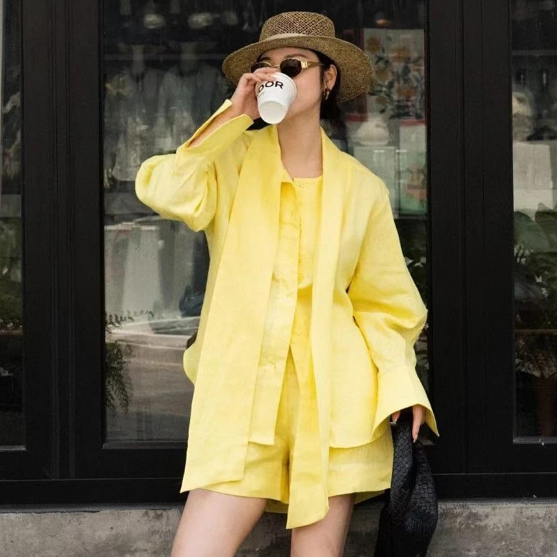 2025春夏亚麻长袖飘带绑蝴蝶结休闲衬衫配短裤气质套装女两件套潮