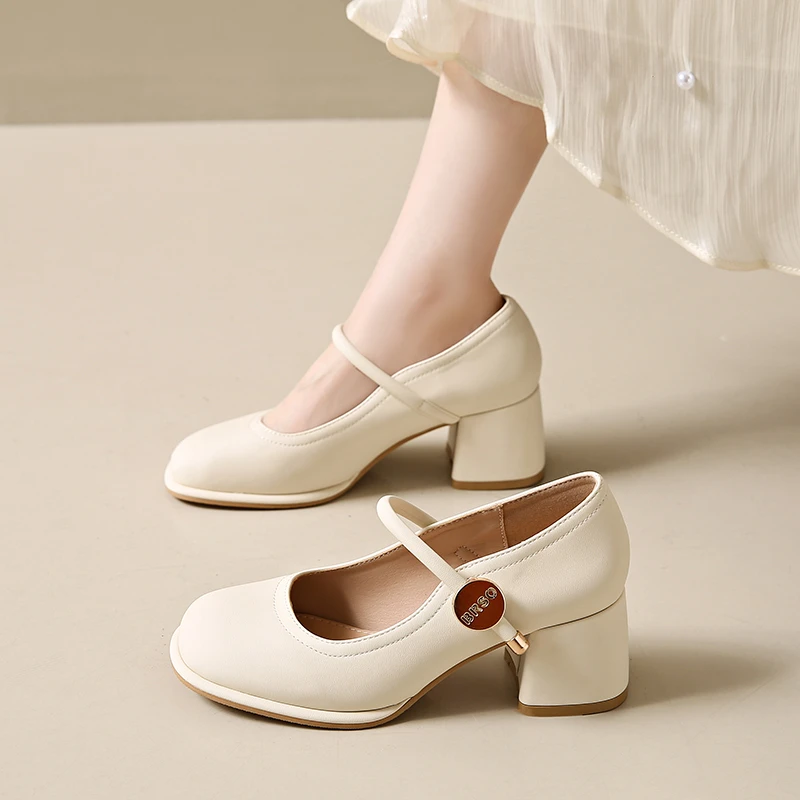 新款2025时尚气质中跟鞋女粗跟百搭软皮防滑春秋复古玛丽珍女单鞋