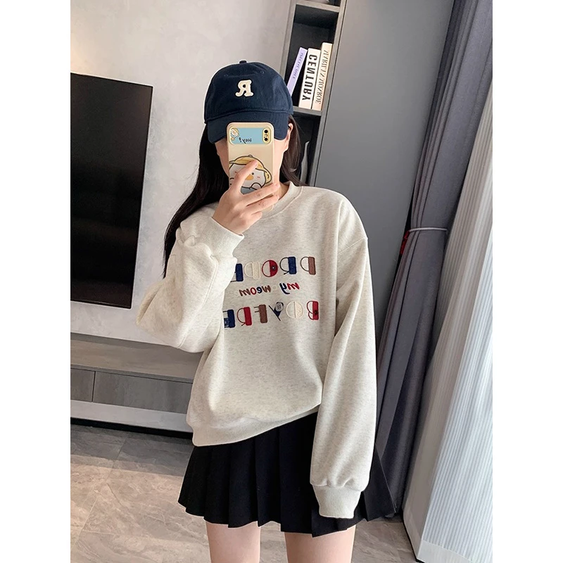 特大码300斤灰色卫衣女2025新款春秋款薄款无帽圆领套头字母上衣