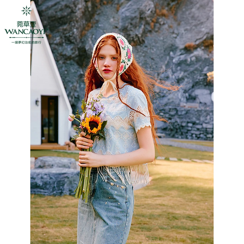 菀壹新款气质短款复古法式日常少女印花T恤T00611529