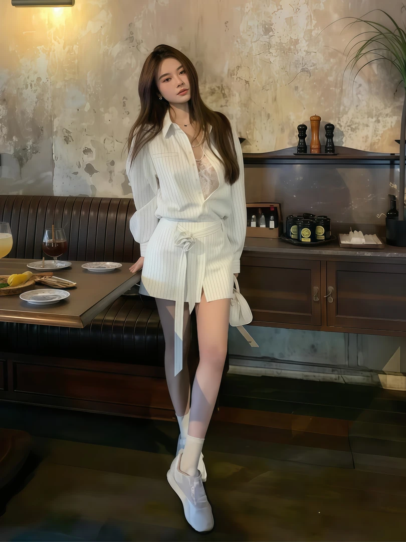 韩系气质条纹飘带长袖衬衫女宽松衬衣2025春季新款百搭半裙两件套