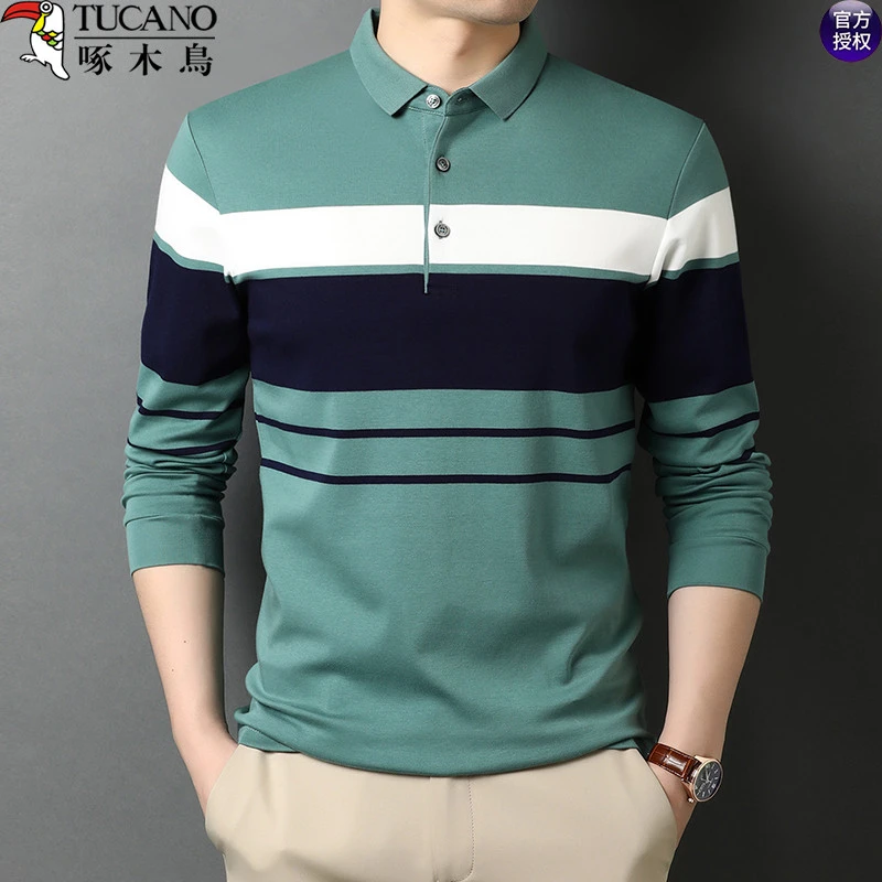 啄木鸟100%全棉条纹t恤男士休闲翻领纯棉长袖polo衫中年男装上衣