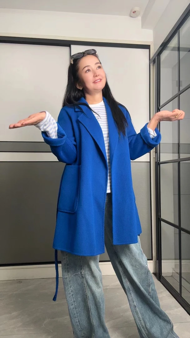 直下摆短款休闲风插肩袖毛呢外套休闲双面蓝色玫瑰色富婆风