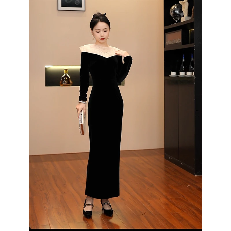 GERUIOUDIAN/格芮欧典3154春季新款法式修身拼接网纱钉珠连衣裙女