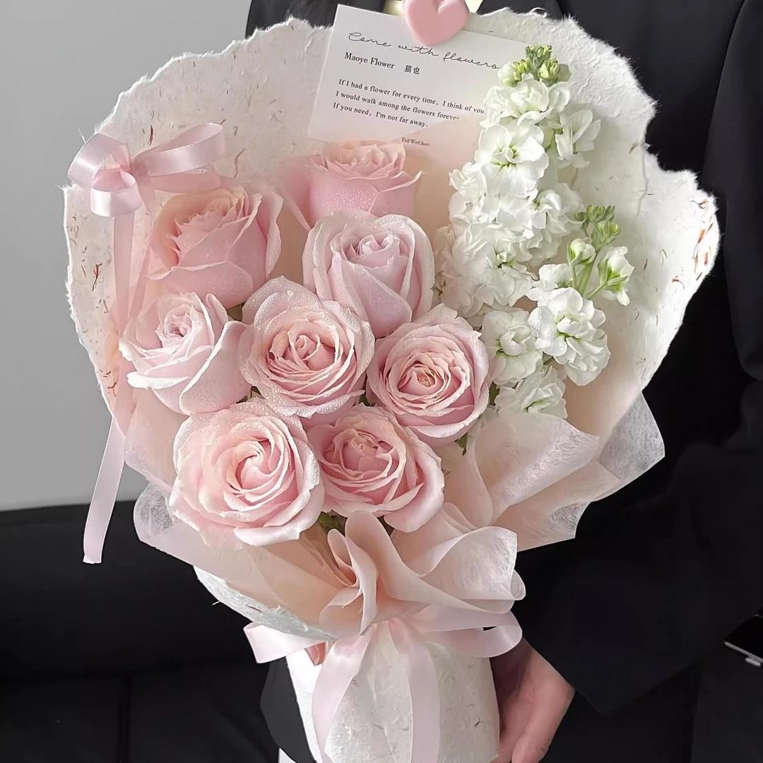 【含蓄的爱】8朵粉雪山玫瑰紫罗兰简约混搭花束同城花店配送上门