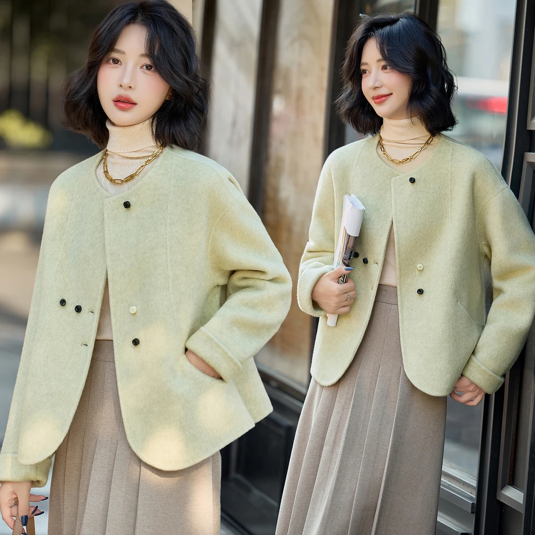 韩系小香风双面羊绒大衣女短款圆领小个子温柔气质减龄羊毛呢外套
