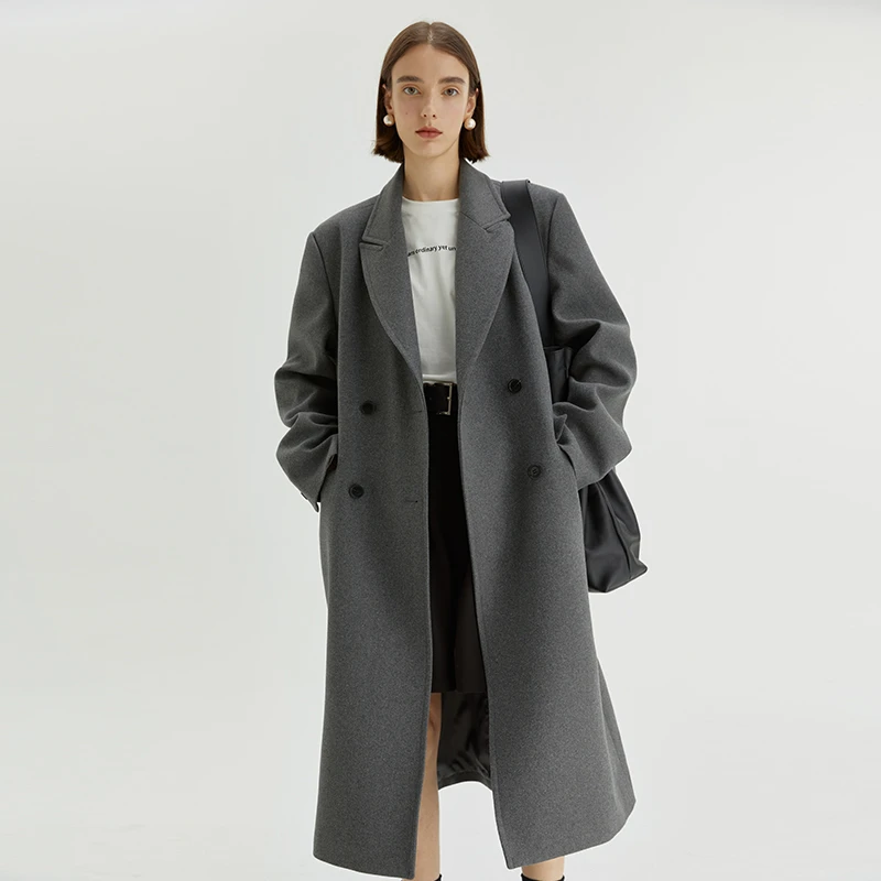 范洛茶灰色“极简翻驳领”休闲长款西装毛呢大衣外FD22W026推广1