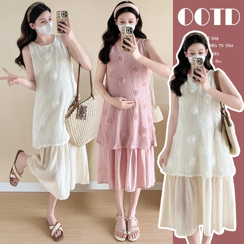 孕妇装2025夏季新款法式温柔风宽松立体花朵假两件无袖背心连衣裙