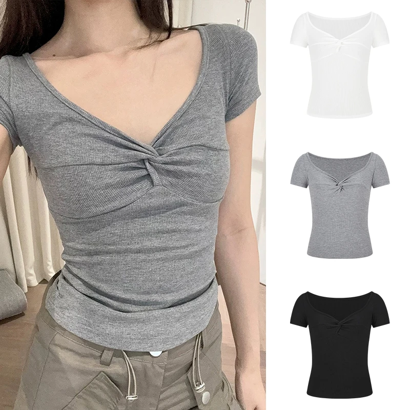 Moses Queen/魔西女王设计感小众扭结低领短袖正肩修身显瘦上衣