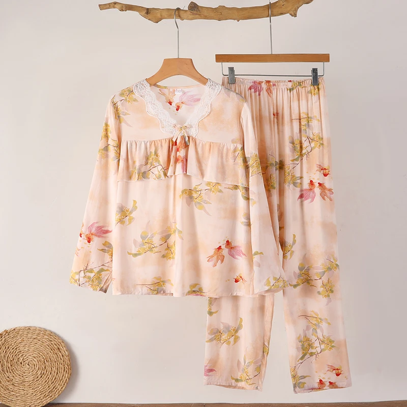 棉绸长袖睡衣女春夏款绵绸长裤家居服简约休闲女人造棉宽松家居服