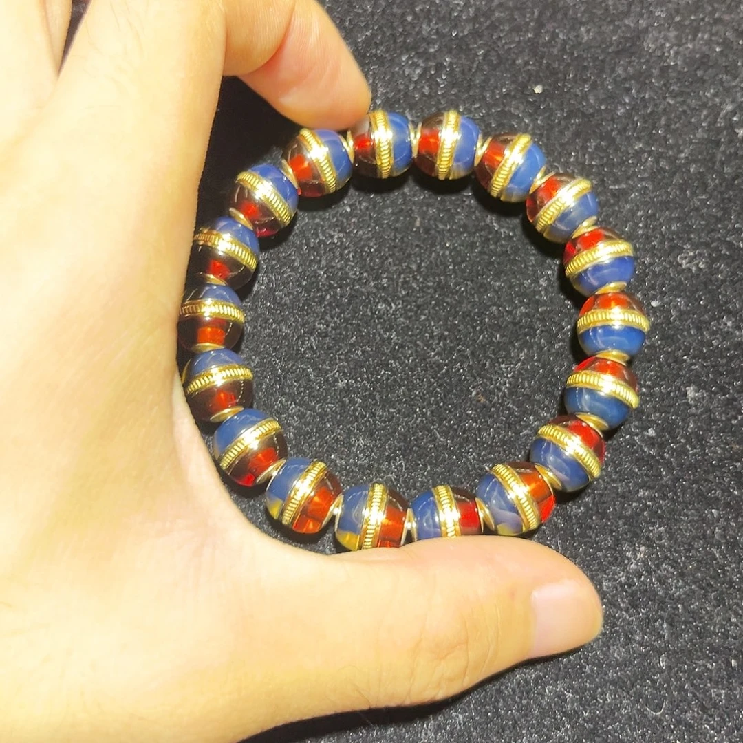 蓝珀银S925镀金镶嵌珠宝奇石11mm红蓝汉堡珠手串