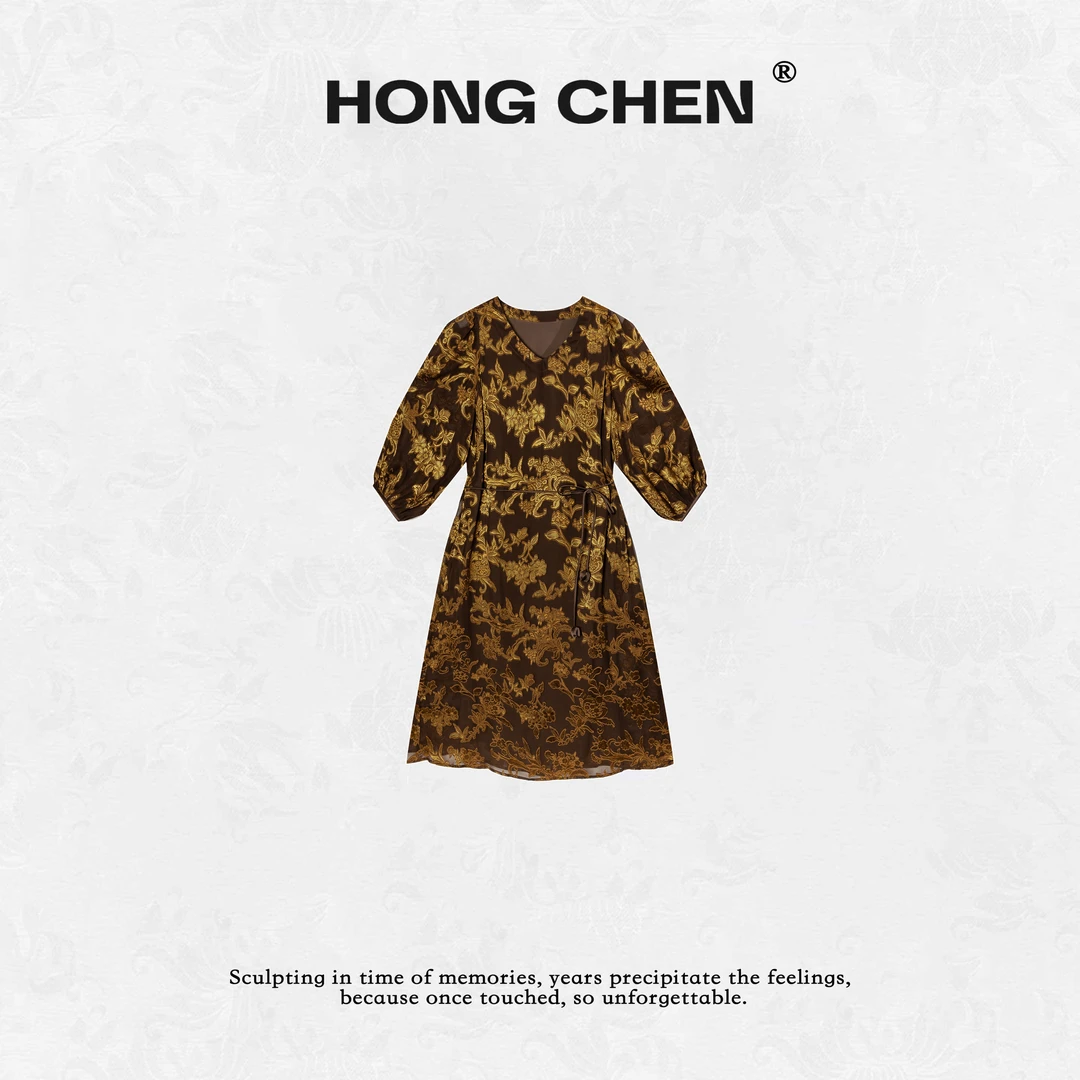 【虹辰·凤凰鎏金】高端桑蚕丝时尚优雅气质高级感V领连衣裙--HC2712