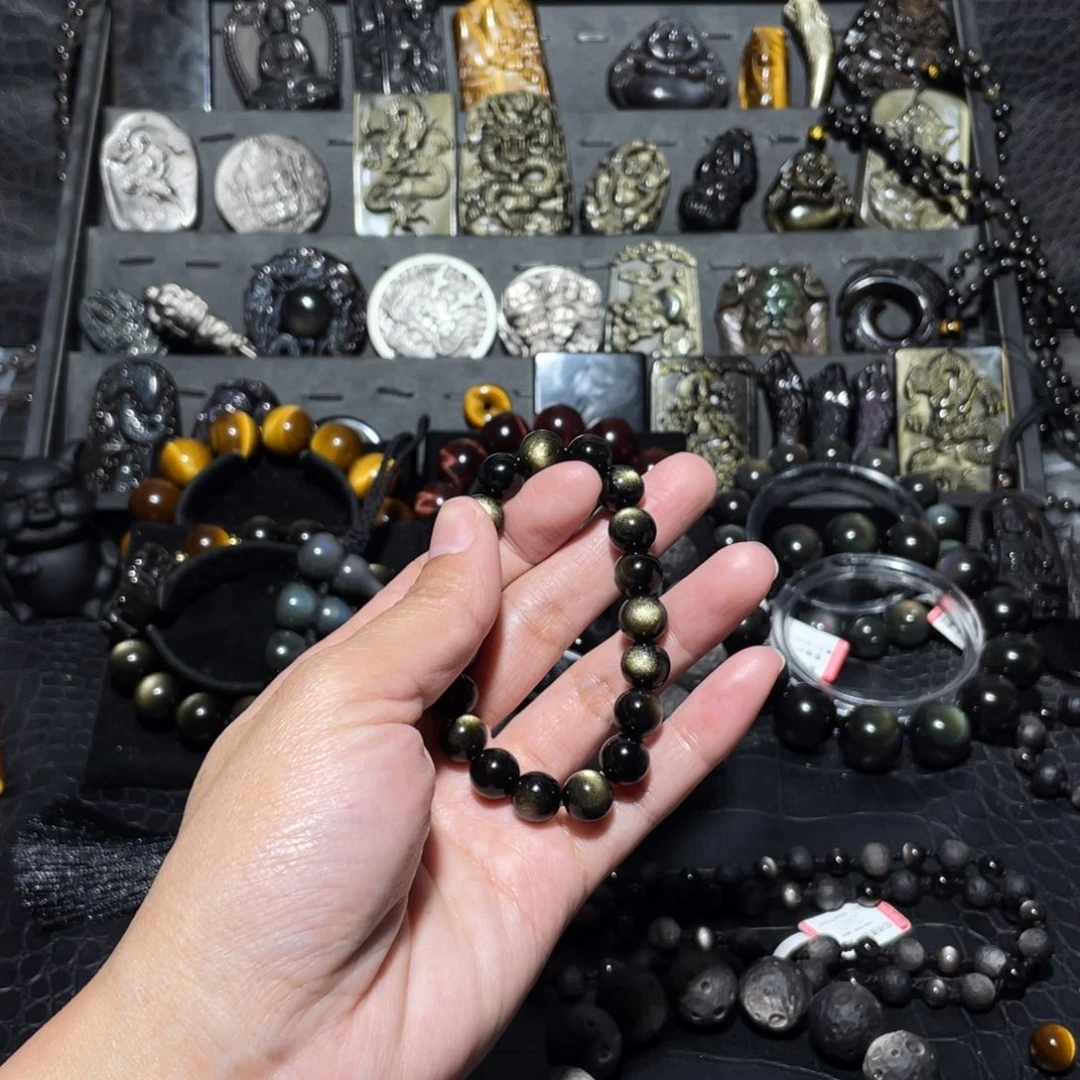 黑曜岩手链未镶嵌蜘***探