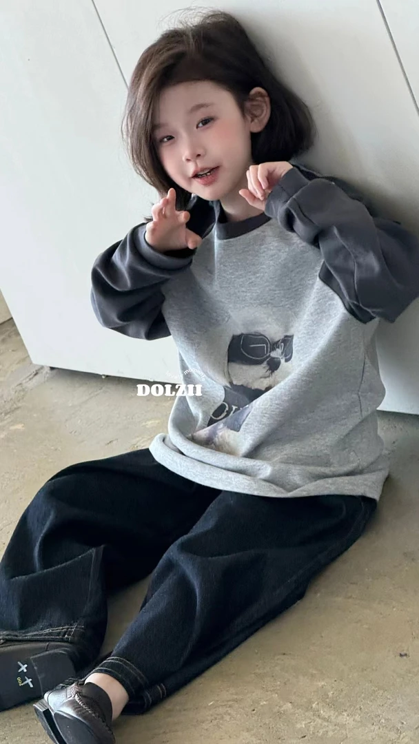 小熙家秋季新款男女通用大童圆领动物印花拼色打底衫L679-078-080